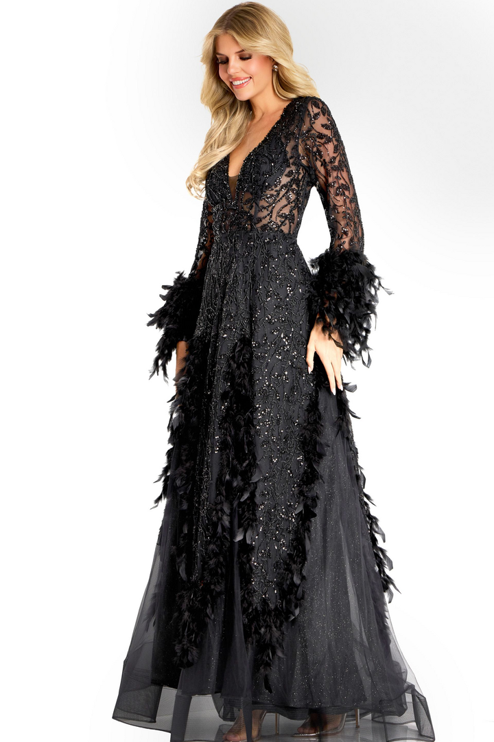 Jovani 45801 Tulle Lace Feather Embellished Long Sleeve Gown