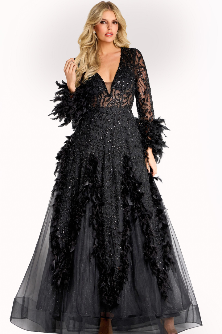 Jovani 45801 Tulle Lace Feather Embellished Long Sleeve Gown
