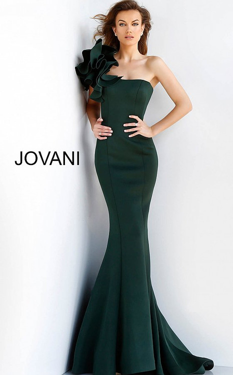 jovani green one shoulder dress Green One Shoulder Feather Sleeve Dress 23980