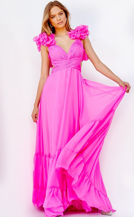 Jovani 23322 Pleated Cap Sleeve Floor Length Maxi Dress