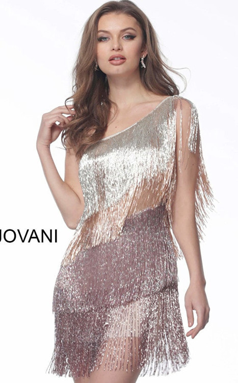 Jovani 616841 Gold One Shoulder Fringe Short Dress