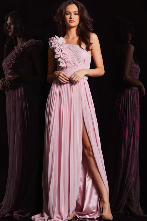 ワンピース Rose Muse chiffon pleated dress pink Jovani 24609 Metallic Chiffon One Shoulder Pleated Dress