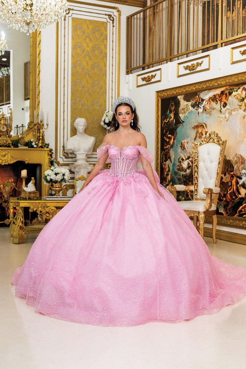 Dancing Queen 5040 Sheer Puff Sleeves Quinceanera Long Dress