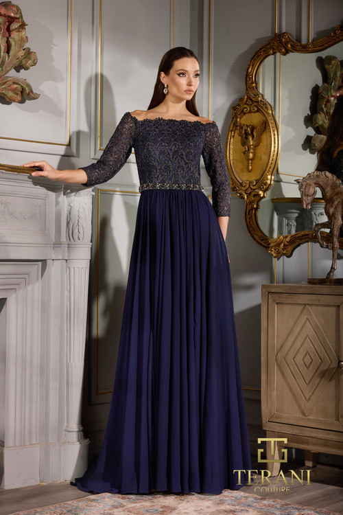 Terani Couture 252M5332 Metallic Lace 3/4 Sleeves Long Dress