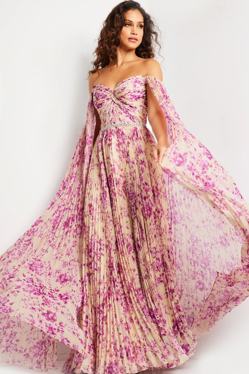 Jovani 26141 Print Chiffon Off Shoulder Pleated Maxi Dress