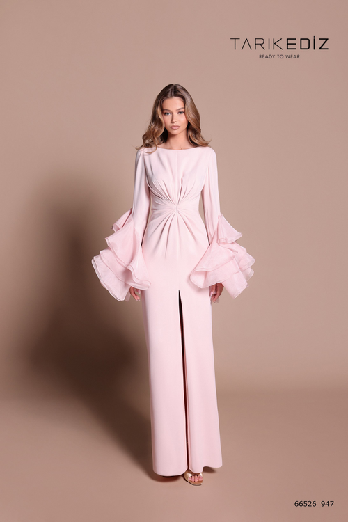 Tarik Ediz 66526 Crepe Organza Long Ruffle Sleeves Dress