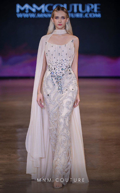 MNM Couture J03590 Embellished Chiffon Cape Strapless Gown
