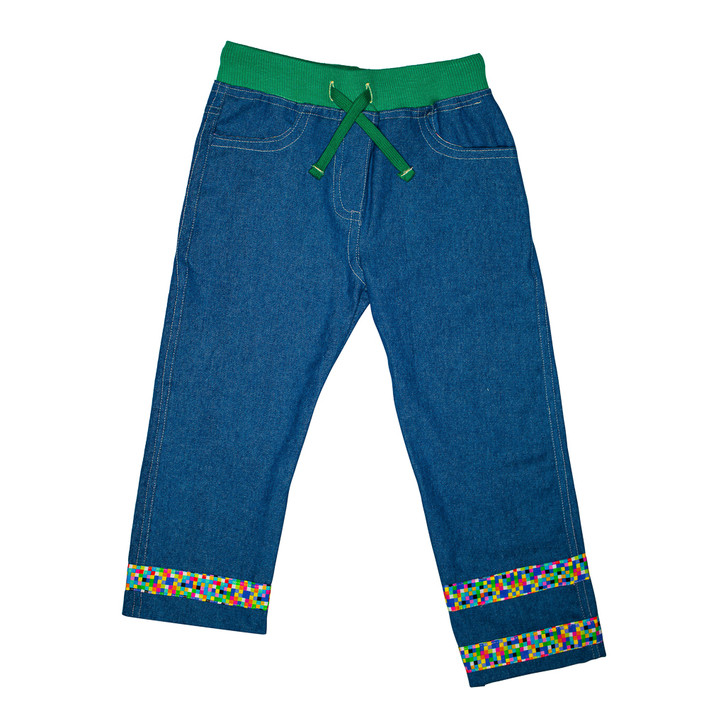 Limited Edition Unisex Pull-On Rib Waist Jeans (Green with Multi-Colored Squares)