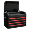 Premier™ Retro Style Topchest, Mid-Box Tool Chest & Rollcab Combination 10 Drawer - Black with Red Anodised Drawer Pulls