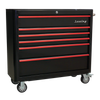 Premier™ Retro Style Wide Rollcab 6 Drawer - Black with Red Anodised Drawer Pulls