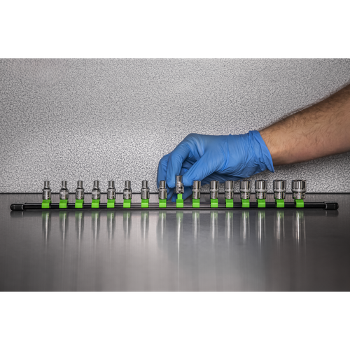 Premier Socket Retaining Rail with 16 Clips 1/4"Sq Drive - Hi-Vis Green