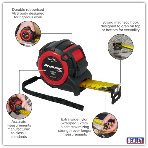 Premier Metric/Imperial Tape Measure Extra-Wide Blade 5m(16ft) x 32mm