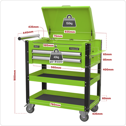 Superline PRO® Heavy-Duty Mobile Tool & Parts Trolley with Lockable Top & 2 Drawers - Green