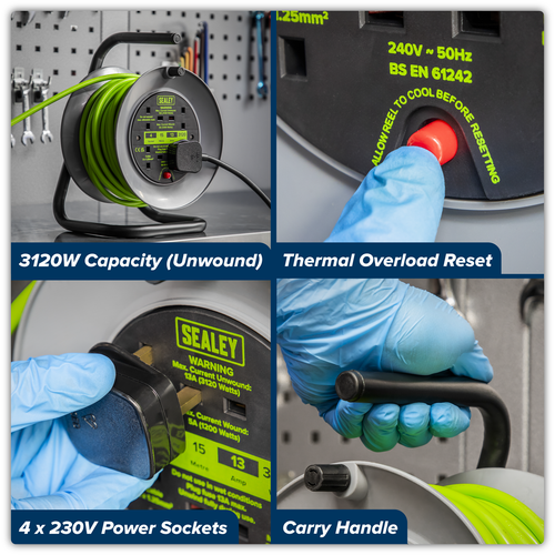 15m Cable Reel with Thermal Trip 4 x 230V - Hi-Vis Green