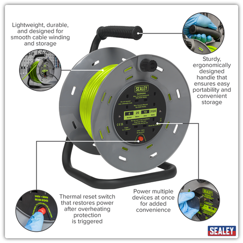 25m Cable Reel with Thermal Trip 4 x 230V - Hi-Vis Green