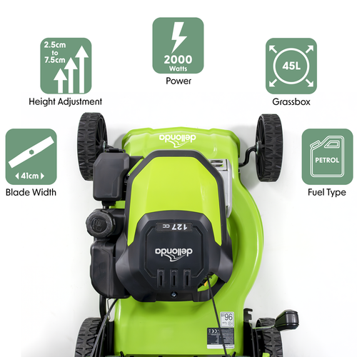Dellonda Hand-Propelled Petrol Lawnmower Grass Cutter, 127cc 16"/41cm 4-Stroke
