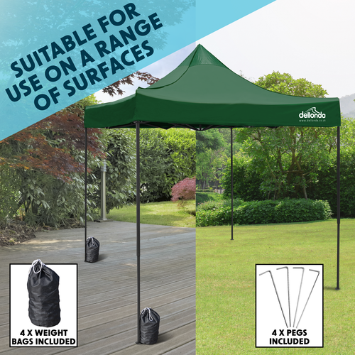 Dellonda Premium 2 x 2m Pop-Up Gazebo, Heavy Duty, PVC Coated,  Water-Resistant Fabric, Supplied with Carry Bag, Rope, Stakes & Weight Bags - Dark Green Canopy
