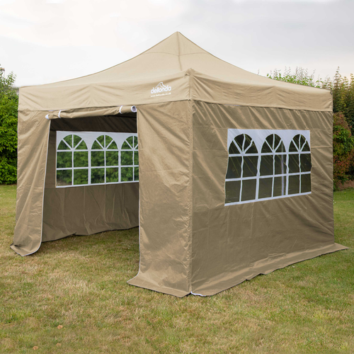 Dellonda Premium 2x2m Pop-Up Gazebo & Side Walls, PVC Coated, Water-Resistant Fabric, Supplied with Carry Bag, Rope, Stakes & Weight Bags - Beige