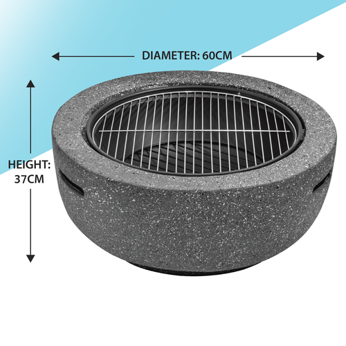 Dellonda Round MgO Fire Pit with BBQ Grill & Safety Mesh Screen 60cm - Dark Grey
