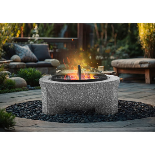 Dellonda Round MgO Fire Pit with BBQ Grill & Safety Mesh Screen 75cm - Light Grey