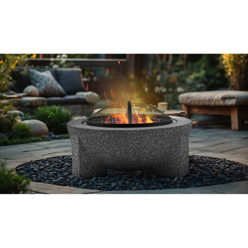 Dellonda Round MgO Fire Pit with BBQ Grill & Safety Mesh Screen 75cm - Dark Grey