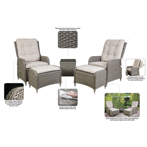 Dellonda Chester Rattan Wicker Outdoor Recliner Loungers & Table Set 5pc