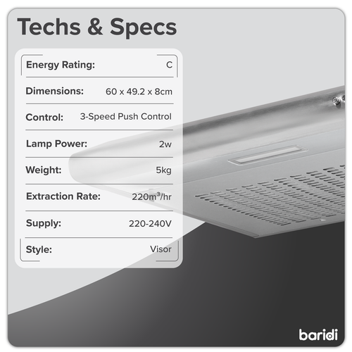 Baridi Visor Cooker Hood Extractor Fan 60cm - Stainless Steel