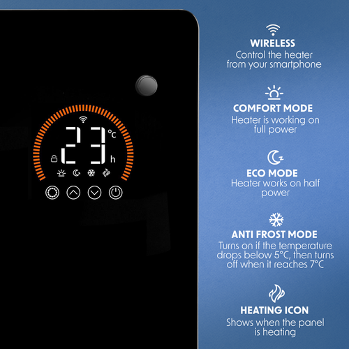 Baridi Electric Glass Panel Heater, 1500W, Thermostat Controlled 24Hr 7 Day Timer, Wi-Fi Enabled, Remote Control, Black - DH137