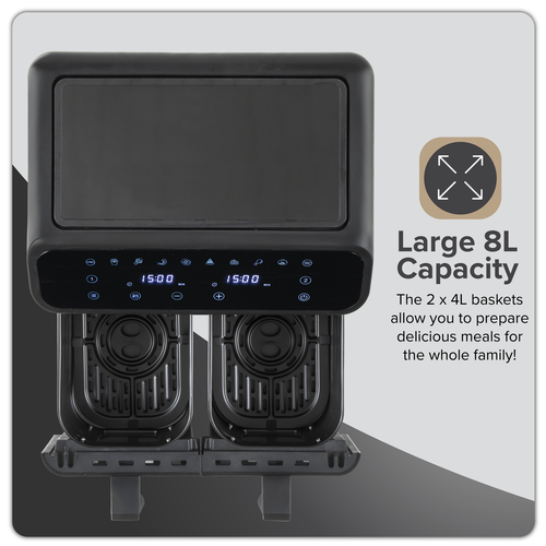 Baridi Dual Zone Air Fryer 8L with 8-in-1 Functions Touch Controls, Easy-Clean, Black - DH172