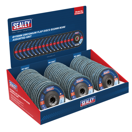Assorted Grit Flap Discs Zirconium Ø115mm Ø22mm Bore - Display Box of 60