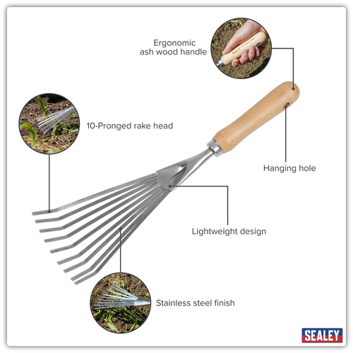 Premier Leaf Hand Rake with Ash Handle & Stainless Steel Tines