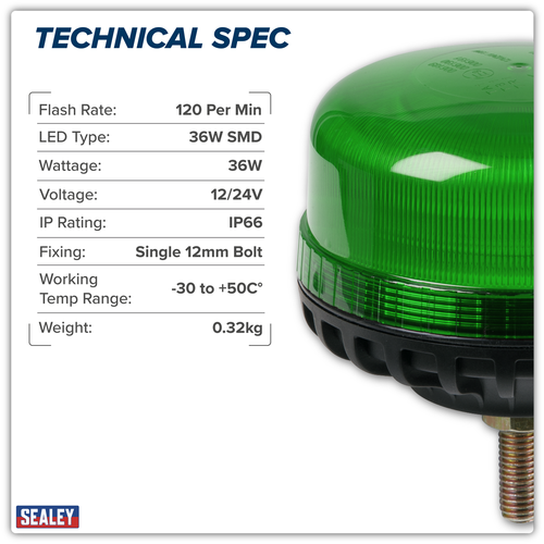 Warning Beacon with 12mm Bolt Fixing 36W SMD LED 12/24V - Green