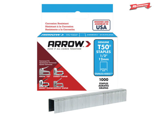 Arrow - T50 Staples Stainless Steel 508SS 12mm (1/2in) Box 1000
