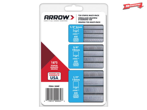 Arrow - T50 Staples Multi Pack 6mm  10mm & 12mm Box 1875 (3 x 625)