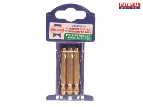 Faithfull - Phillips 3 Titanium Coated Screwdriver Bits x 50mm Pack of 3