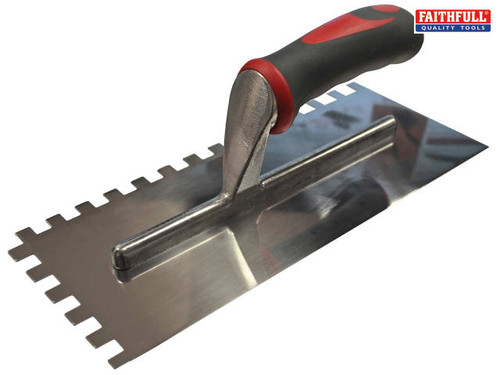 Faithfull - Notched Trowel Serrated 10mm Stainless Steel Soft Grip Handle 13 x 4.1/2in
