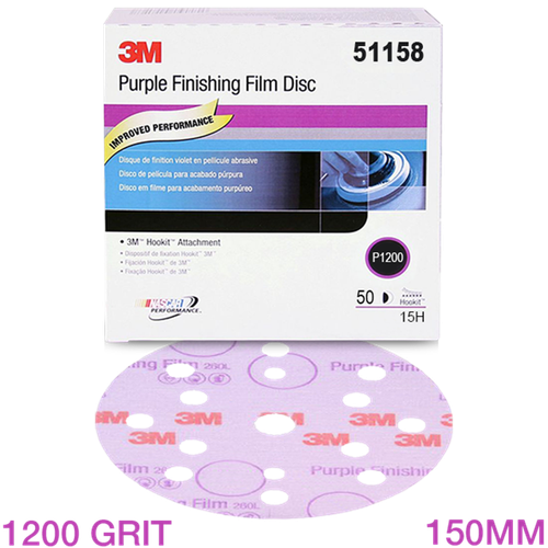 3M Hookit Purple Finishing Film Disc P1200 Grit 260L+  150 mm 15 Holes Pack of 50 - 3M 51158