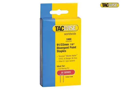 Tacwise - 91 Narrow Crown Divergent Point Staples 22mm - Electric Tackers Pack 1000