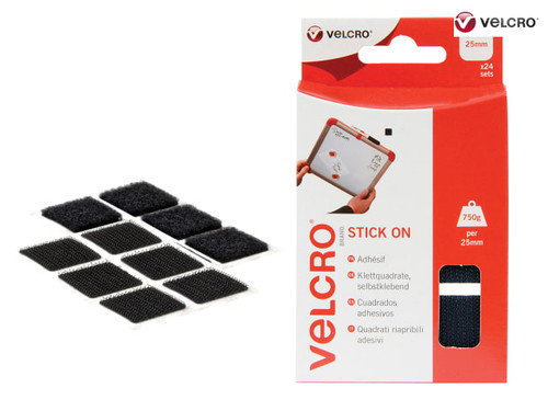 VELCRO Brand Stick On Squares 25mm Black Pack of 24