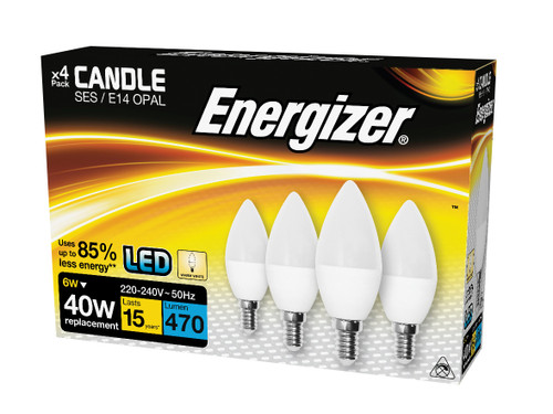 Energizer - LED SES (E14) Opal Candle Non-Dimmable Bulb, Warm White 470 lm 5.9W (Pack 4)