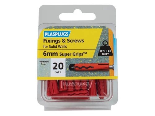 Plasplugs - Solid Wall Super Grips Fixings Red & Screws Pack of 20