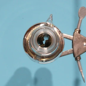 Close-up of the 35/25 top ground glass joint on a silver vacuum-jacketed Oldershaw distillation column