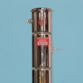 20 perforated plates and downcomers spaced one inch apart inside a borosilicate distillation column