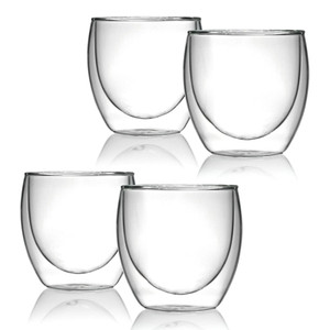 Double Wall Glass Coffee Mugs - 250ml Thermally Insulated Clear Glasses for Hot & Cold Beverages - 4 Pack