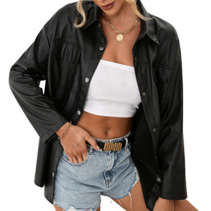 Womens  Vegan Leather Jacket Loose Fit Button Closure