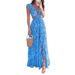Women's V-Neck Printed Maxi Dress – Elegant Flowing Style for Everyday & Occasions