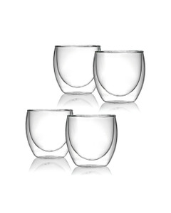 Double Wall Glass Coffee Mugs - 250ml Thermally Insulated - 4 Pack