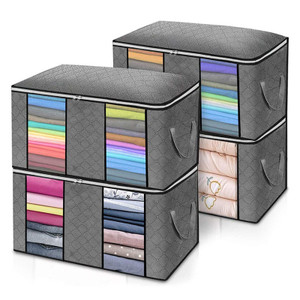 90L Large Storage Bags 4-Pack - Breathable Non-Woven Foldable Bag with Reinforced Handles for Home & Dorm Storage