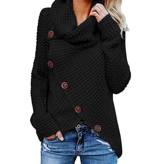 Women's Solid Color Button Pullover Sweater Turtle Cowl Neck Asymmetric Hem Knit Sweater