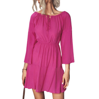Womens 3 4 Sleeve Round Neck Flared Sleeve Dress